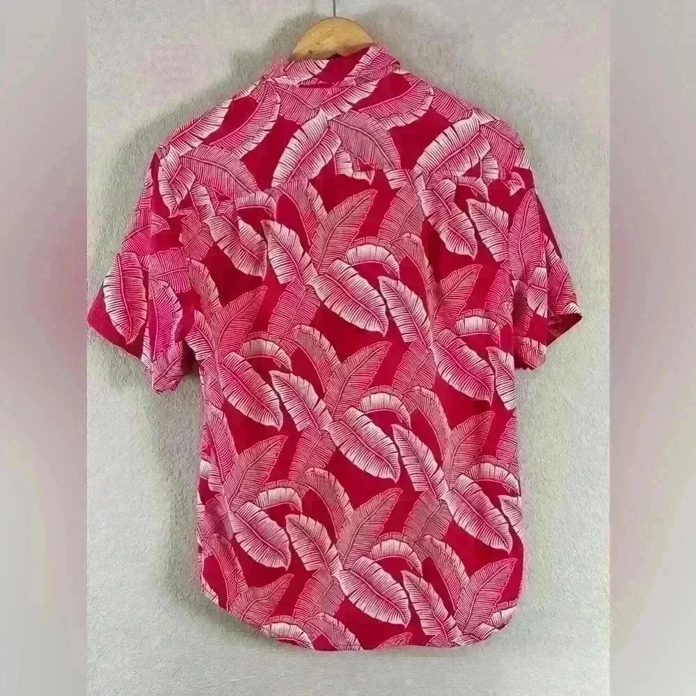 Tommy Bahama Grand Fronde Short Sleeve Silk Blend Button Up Shirt Pink Plume Sma - Picture 5 of 11